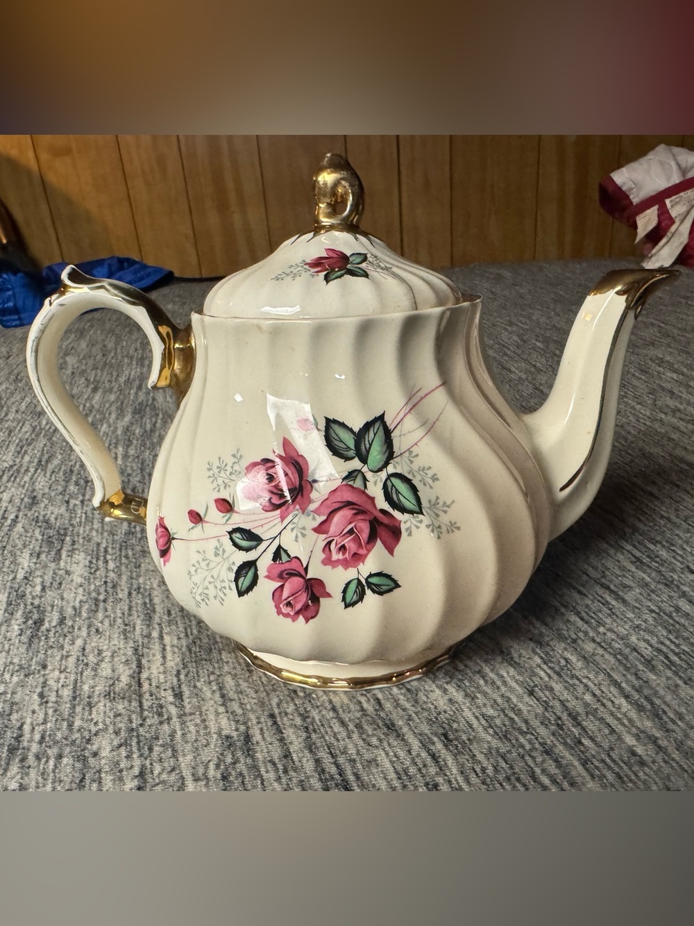 Cream Floral Rose Porcelain Teapot with Gold Trim- From England